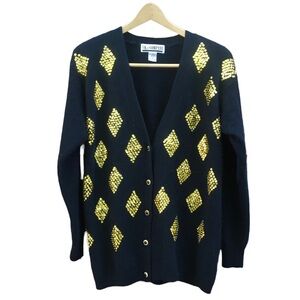 Vintage Sequin Cardigan Sweater Angora Lambswool Nylon Black SK Company M Medium
